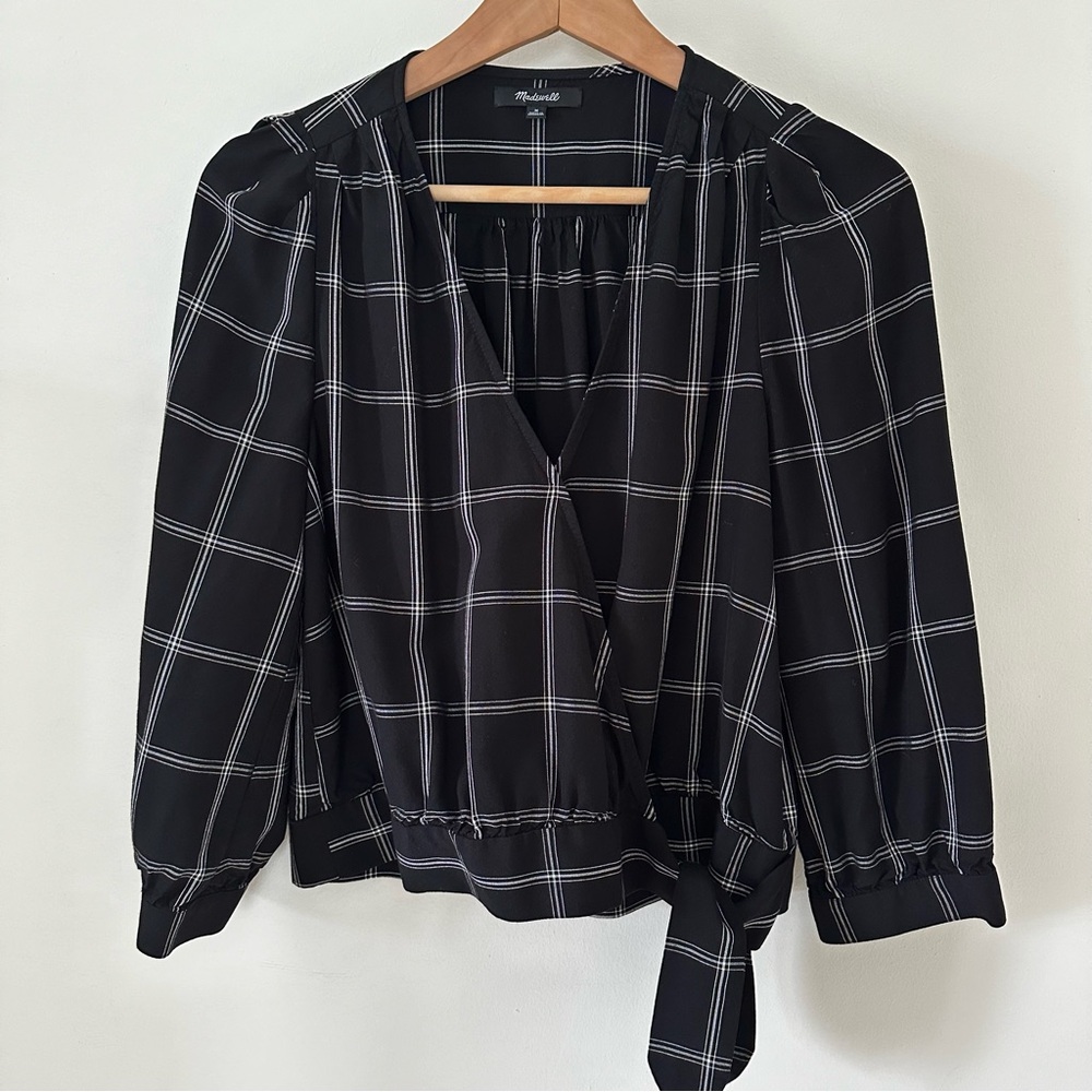 Madewell Black Windowpane Wrap Blouse